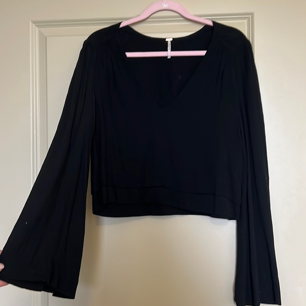 Free People cropped black bell sleeved shirt